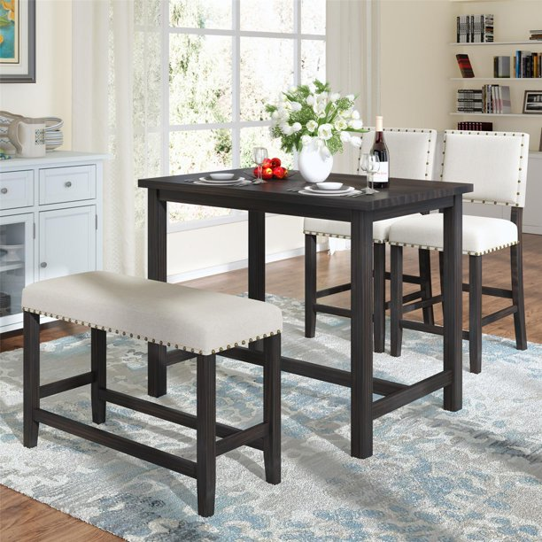 4 Piece Dining Table Set Rustic Wooden Counter Height Table with Upholstered Bench and Chair, Espresso+ Beige
