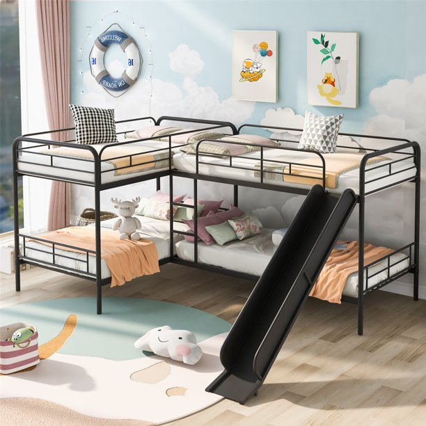 Twin Size L-Shape Bunk Bed for 4, Quad Bunk Beds with Slide and Ladder, Metal Corner Bunk Bed for Kids Teens Adults, Black
