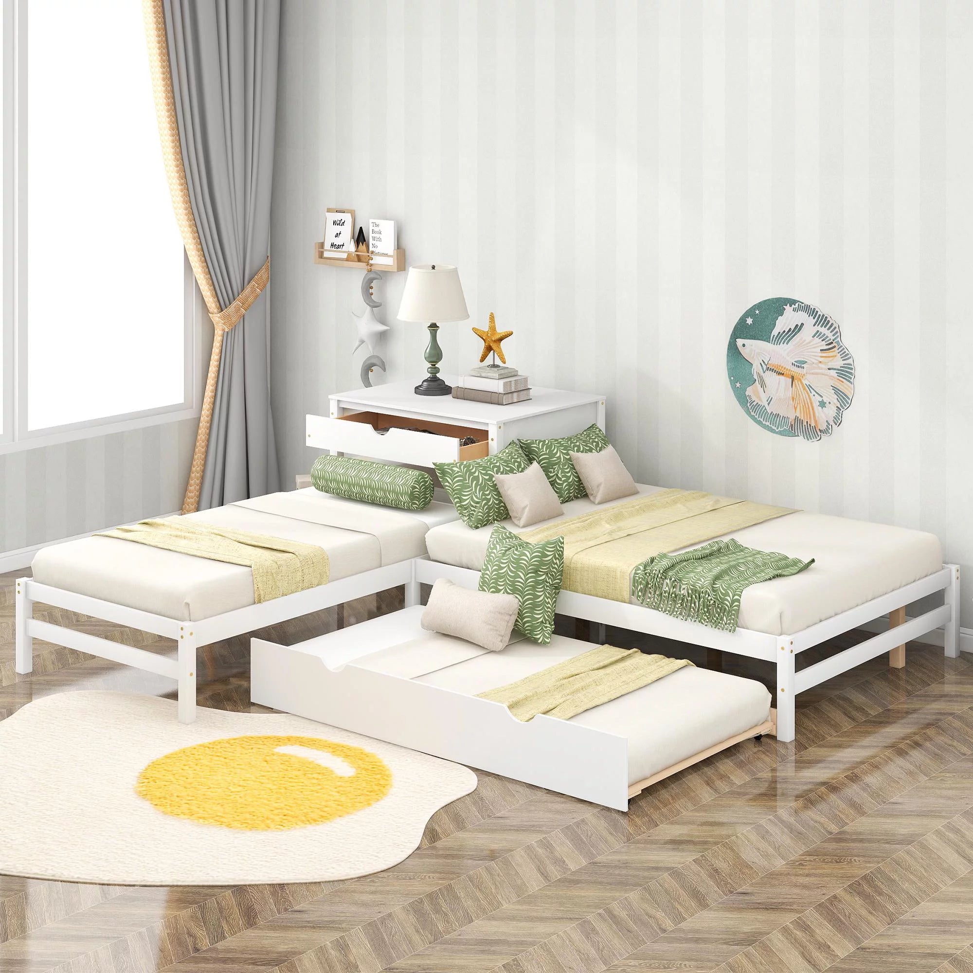 L-shaped Full & Twin Platform Beds with Twin Trundle for 3 People, Solid Wood Triple Beds with Built-in Rectangle Table and One Storage Drawer, Strong Wood Slats Support, No Box Spring Needed, White