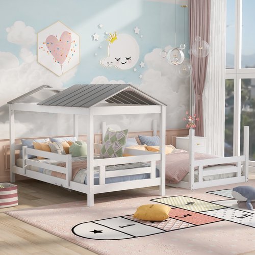 Convertible Twin-Over-Twin House Bunk Bed with Roof, Can Be Separate into 2 Beds with Convertible Ladder and Guardrail, Solid Wood Low Bunk Bed for Boys Girls, White