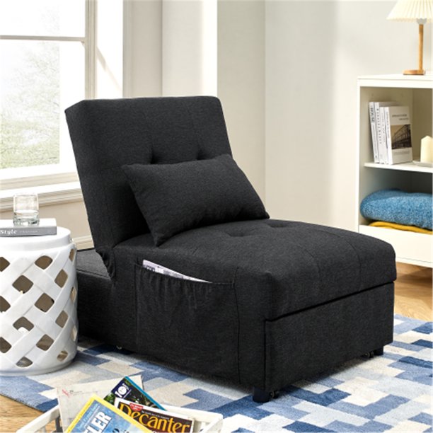 Single Folding Sofa Bed with Pulled Out Ottoman, Recliner Chair with 1 Pillow and Side Pocket for Livng Room, Bedroom, Black