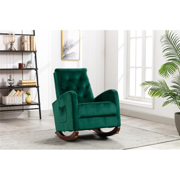 Living Room Rocking Chair, Comfortable Rocker Fabric Padded Seat, Lounge Chair Relax Chair Cushion, Modern High Back Armchair for Nursery, Living Room, Bedroom, Green
