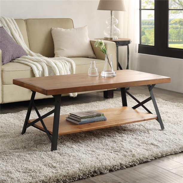 Rustic Nature Coffee Table, Large Retro Wood Slabs Coffee Table with Metal Legs and Storage Shelf for Living Room, Metal Frame Wood Table for Farmhouse Home Office, 43.3''L x 21.65''W x 18.34''H
