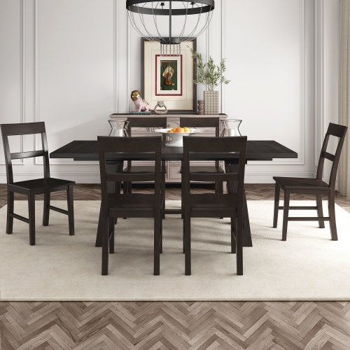 Dining Table Set Extendable Table with 18” Leaf and 6 Chairs, 7 Piece Wood Rectangular Dining Room Set, Retro Industrial Style Kitchen Dining Table Set for 6~8 People (Espresso)