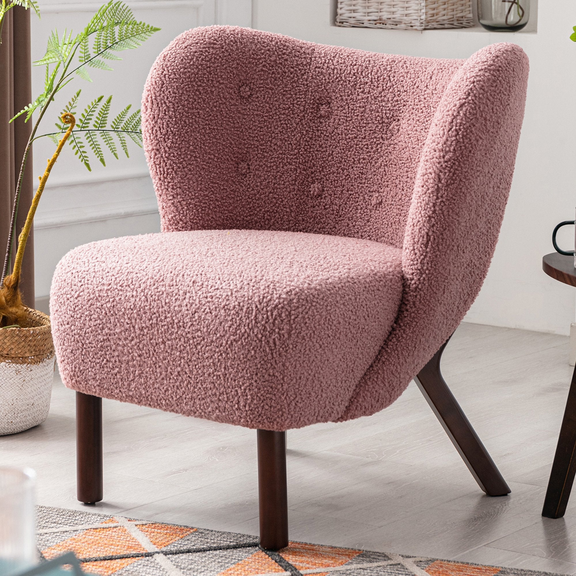 Modern Accent Chair, Soft Lambskin Sherpa Wingback Tufted Side Chair with Solid Wood Legs Ergonomics Sofa Chair for Living Room Bedroom Office, Blush