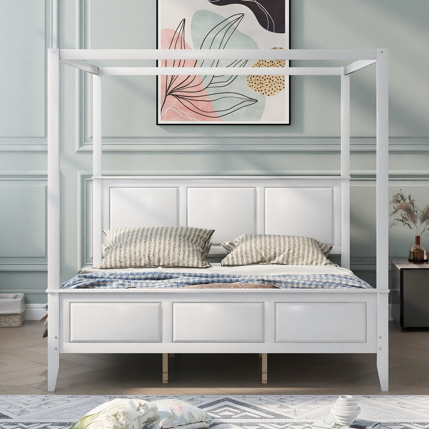 King Size Canopy Bed with Headboard, 4 Corner Post Bed, Wood Platform Bed Frame for Bedroom, No Box Spring Needed, White 83.5''Lx79.5''Wx78.7''H
