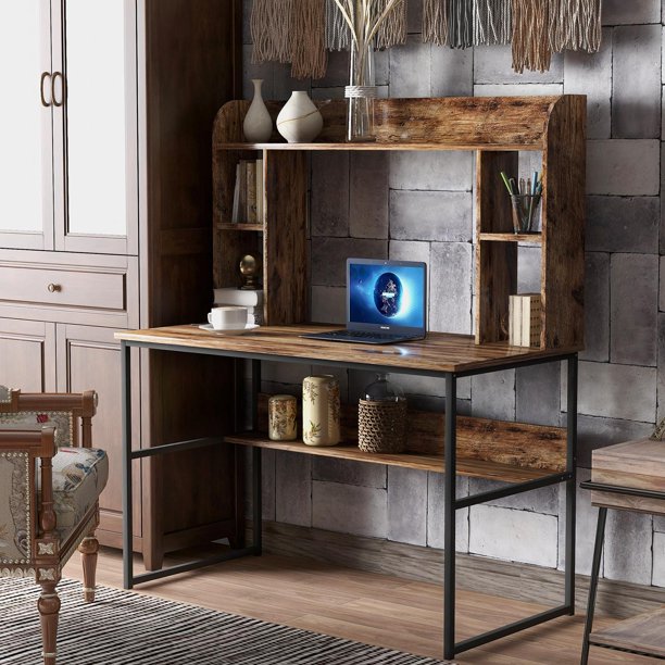 Home Office Computer Desk with Hutch, 47 inch Rustic Office Desk and Modern Writing Desk with Storage Shelves , Vintage and Black Legs