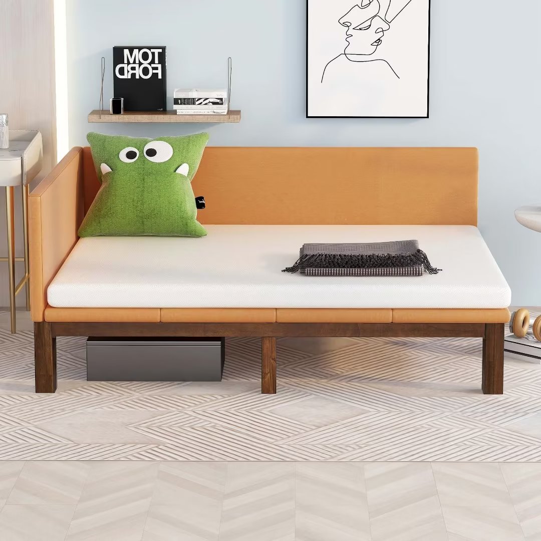 Modern Full Size Upholstered Daybed Sofa Bed, Linen Sofa Bed with Wooden Frame&Single Side Armrest, Mid-century Captain Bed Platform Bed Frame with Tufted Backrest & Under-bed Storage Space, Yellow