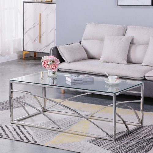 Stainless Steel Rectangular Accent Glass Coffee Table for Living Room- 46.8" Modern Sleek Center Table with Lounge Table with Clear Tempered Glass(Silver)