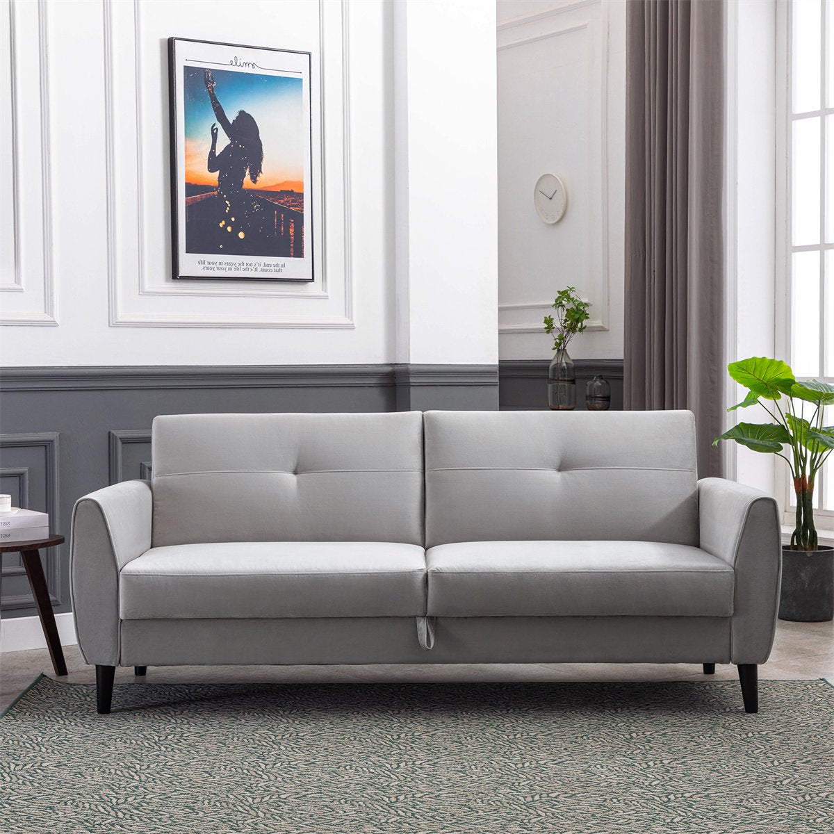 Convertible Folding Futon Sofa with Storage Box, Velvet Loveseat Sofa with Adjustable Backrest and Rubber Wood Legs, Modern Sleeper Sofa Bed for Living Room, Bedroom and Office, Gray