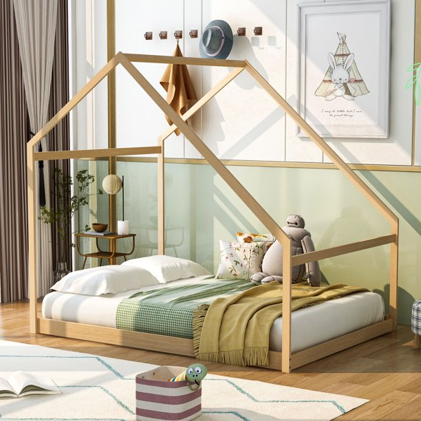 Full Size House Bed, Wooden Floor Bed Frame with Roof for Toddlers Kids Girls Boys, Can be Decorated, Natural 77.8"L x 56.8"W x73.2"H