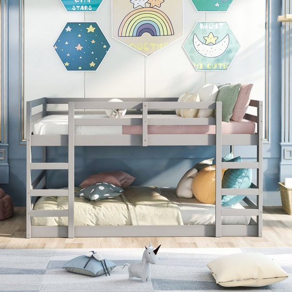 Triple Tree Floor Bunk Bed with 2 Ladders, Full over Full Wood Low Bunk Bed Frame for Kids Teens Boys Girls Dormitory Bedroo, No Box Spring Needed, Gray