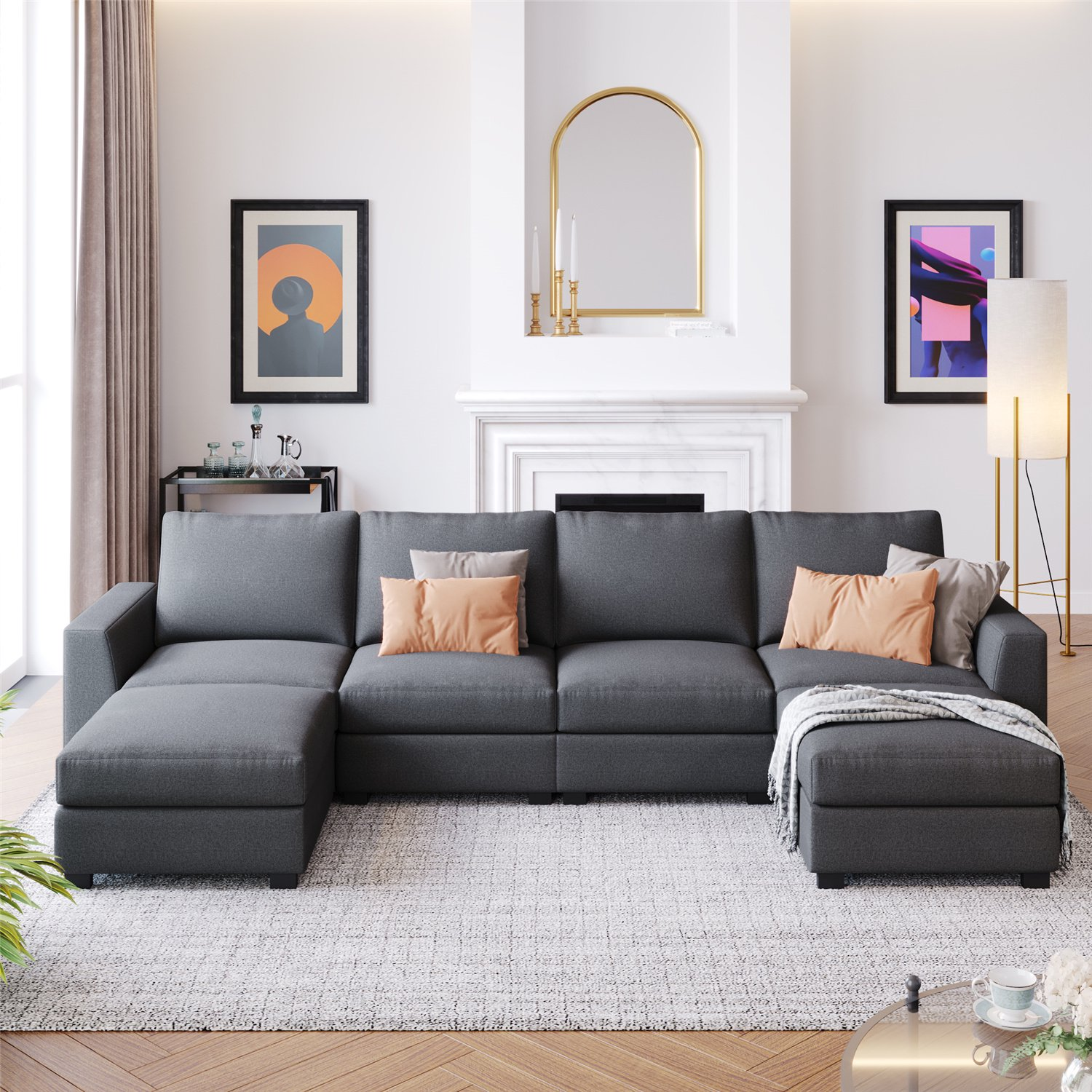 Convertible Sectional Sofa Couch with Reversible Chaise, U Shaped Couch Sofa with Removable Ottomans, Modular Sectional Sofa, Gray