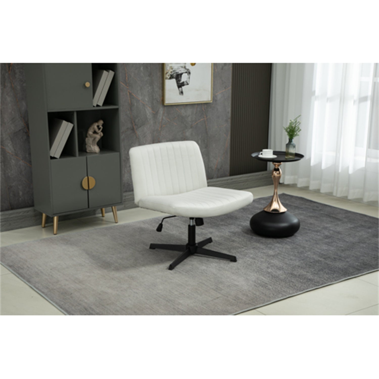 Armless Office Chair PU Leather Office Desk Chair No Wheels, Modern Swivel Vanity Chair Mid-Back Ergonomic Computer Chair with Wide Seat Height Adjustable and Cross Legged for Home Office Chair, Beige