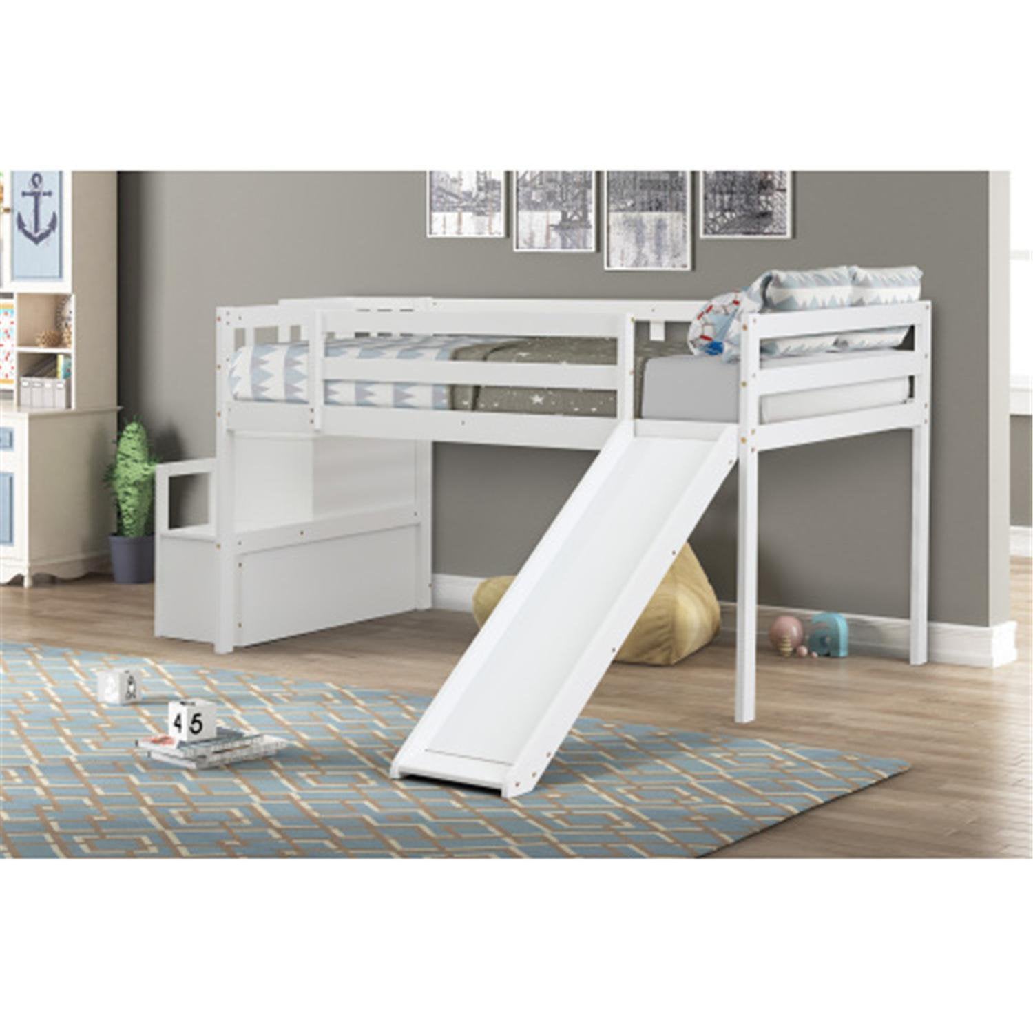 Loft Bed with Slide and Storage, Wood Loft Bed Frame with Stairs, No Box Spring Needed, White