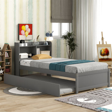 Twin Bed with Trundle, Twin Bed Frame with Bookcase Headboard, Wood Twin Platform Bed with Pull Out Trundle Bed for Kids, Gray