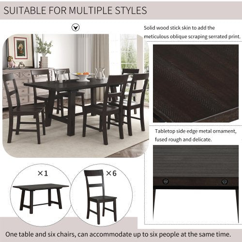 Dining Table Set Extendable Table with 18” Leaf and 6 Chairs, 7 Piece Wood Rectangular Dining Room Set, Retro Industrial Style Kitchen Dining Table Set for 6~8 People (Espresso)