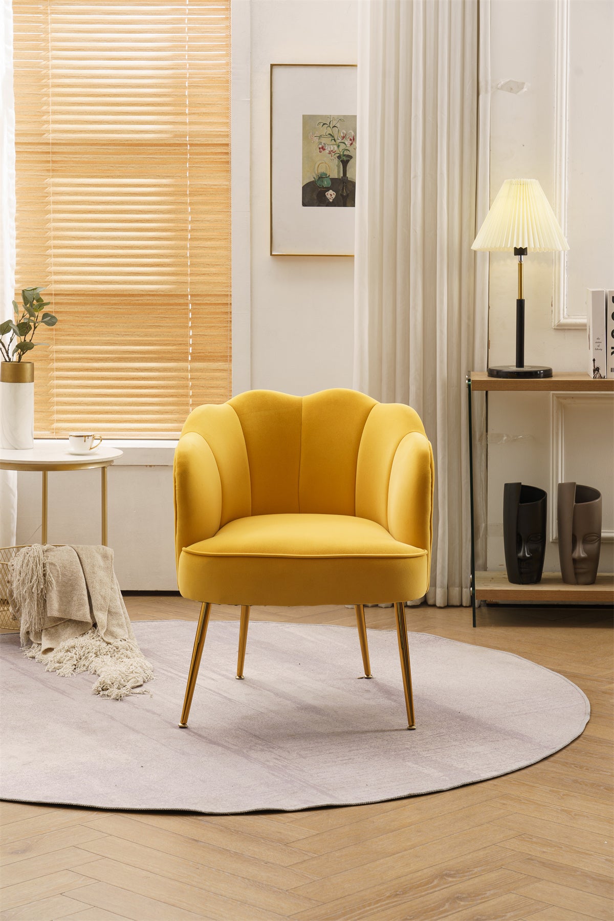 Velvet Upholstered Living Room Accent Chair, Modern Vanity Chair Leisure Armchair with Shell Shape Back, Yellow