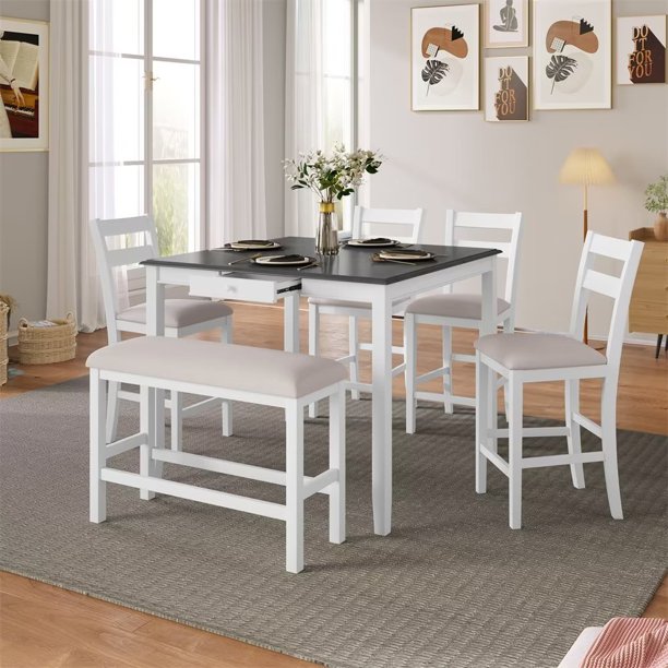 6-Pieces Counter Height Dining Table Set 1 Table,4 Upholstered Chairs and 1 Bench, Wood Kitchen Square Dining Table with Drawer for 6 Person, White