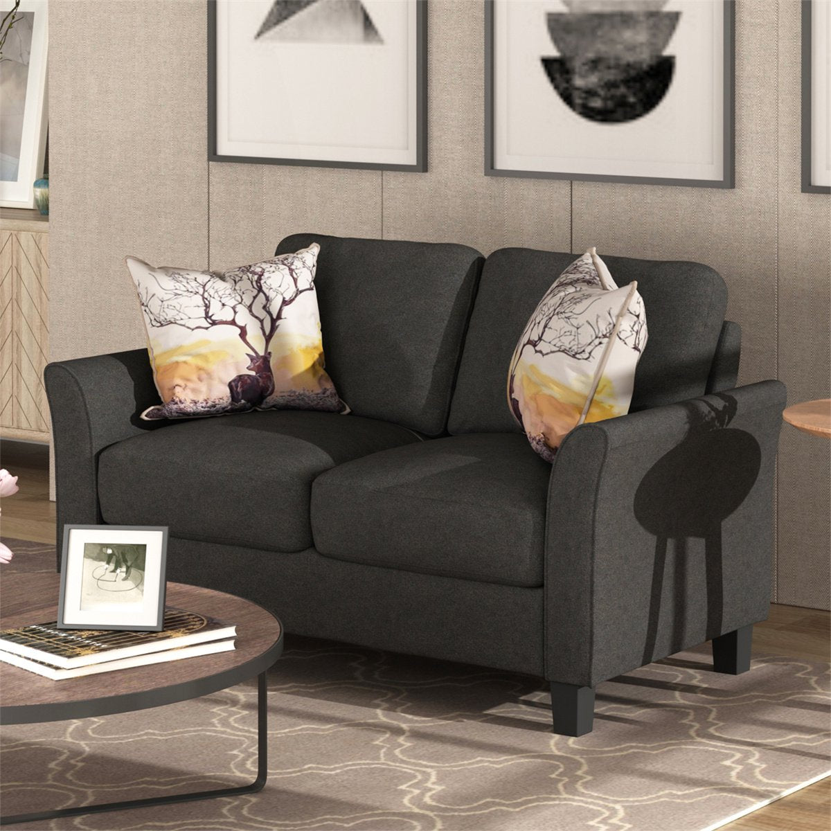 Loveseat Sofa,Upholstered Futon Sofa for Living Room,Small Modern Loveseat Couch Fabric Sofa Couch with Armrest,Mid-Century 2 Seater Corner Sofa Couch with Wood Legs for Apartments Bedroom Dorm,Black