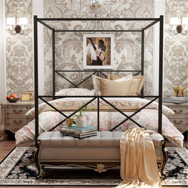 Black Full Size Canopy Bed, Metal Structure Platform Bed Frame with X Shaped Headboard and Footboard, No Box Spring Needed, Furniture for Bedroom, Guest Room