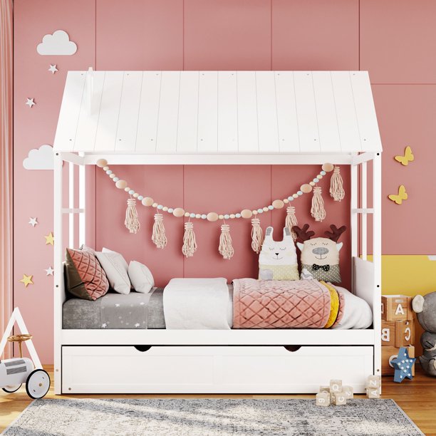 Twin House Bed with Twin Size Trundle, Wooden Daybed Frame with Playhouse Roof and Window for Kids Toddlers Teens, No Box Spring Need, White