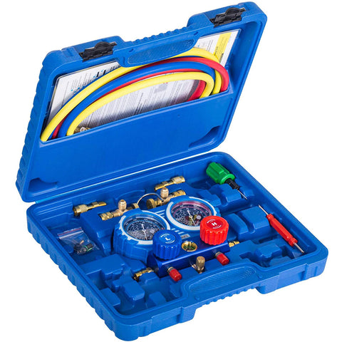 Manifold Gauge Set for R134A, R12 Refrigerant, Brass Auto Service Set with 5 ft Hoses, 1/4