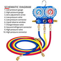 Manifold Gauge Set, Diagnostic A/C Tool Kit for R22 R134a Refrigeration, Brass Auto Service Set with 5 Feet Hoses, 1/4 Inch Fittings, Adjustable Couplers and Can Tap Included