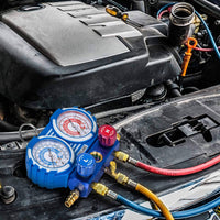 Manifold Gauge Set, Diagnostic A/C Tool Kit for R22 R134a Refrigeration, Brass Auto Service Set with 5 Feet Hoses, 1/4 Inch Fittings, Adjustable Couplers and Can Tap Included