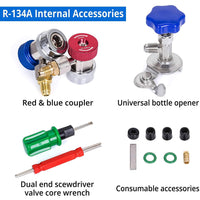 Manifold Gauge Set, Diagnostic A/C Tool Kit for R22 R134a Refrigeration, Brass Auto Service Set with 5 Feet Hoses, 1/4 Inch Fittings, Adjustable Couplers and Can Tap Included