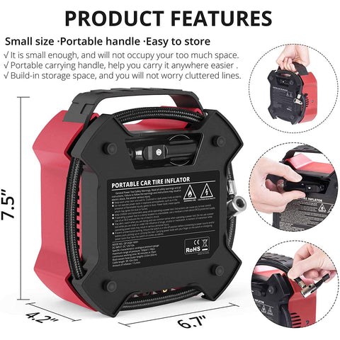 TRIPLETREE 12V DC Tire Inflator, Portable Air Compressor Pump with Analog Pressure Gauge and LED Light