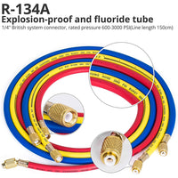 Manifold Gauge Set, Diagnostic A/C Tool Kit for R22 R134a Refrigeration, Brass Auto Service Set with 5 Feet Hoses, 1/4 Inch Fittings, Adjustable Couplers and Can Tap Included