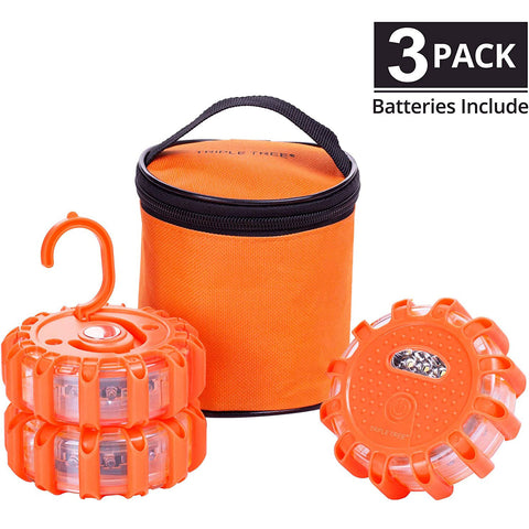 3 Pack LED Road Safety Flares lights, Emergency Lights for Roadside Security,Warning Flashing Beacon Disc with Magnet and Hook for Vehicles and Boats, Batteries Include