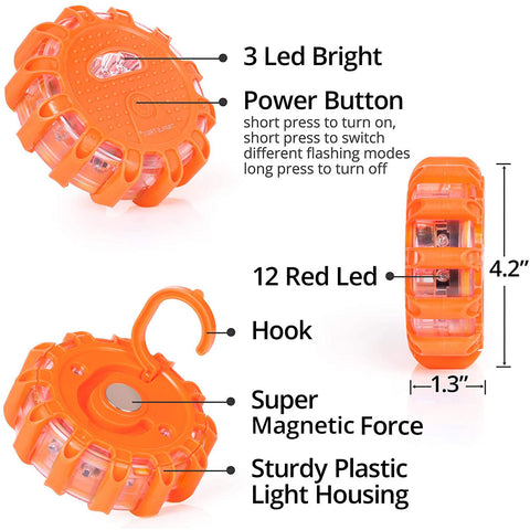 3 Pack LED Road Safety Flares lights, Emergency Lights for Roadside Security,Warning Flashing Beacon Disc with Magnet and Hook for Vehicles and Boats, Batteries Include