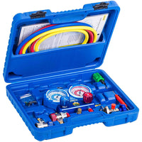 Manifold Gauge Set, Diagnostic A/C Tool Kit for R22 R134a Refrigeration, Brass Auto Service Set with 5 Feet Hoses, 1/4 Inch Fittings, Adjustable Couplers and Can Tap Included