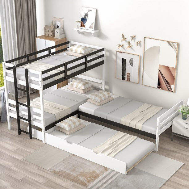 L-Shaped Bunk Bed and Platform Bed with Trundle and Drawer, Twin Size Triple Bunk Beds for Kids Boys Girls Teens, White