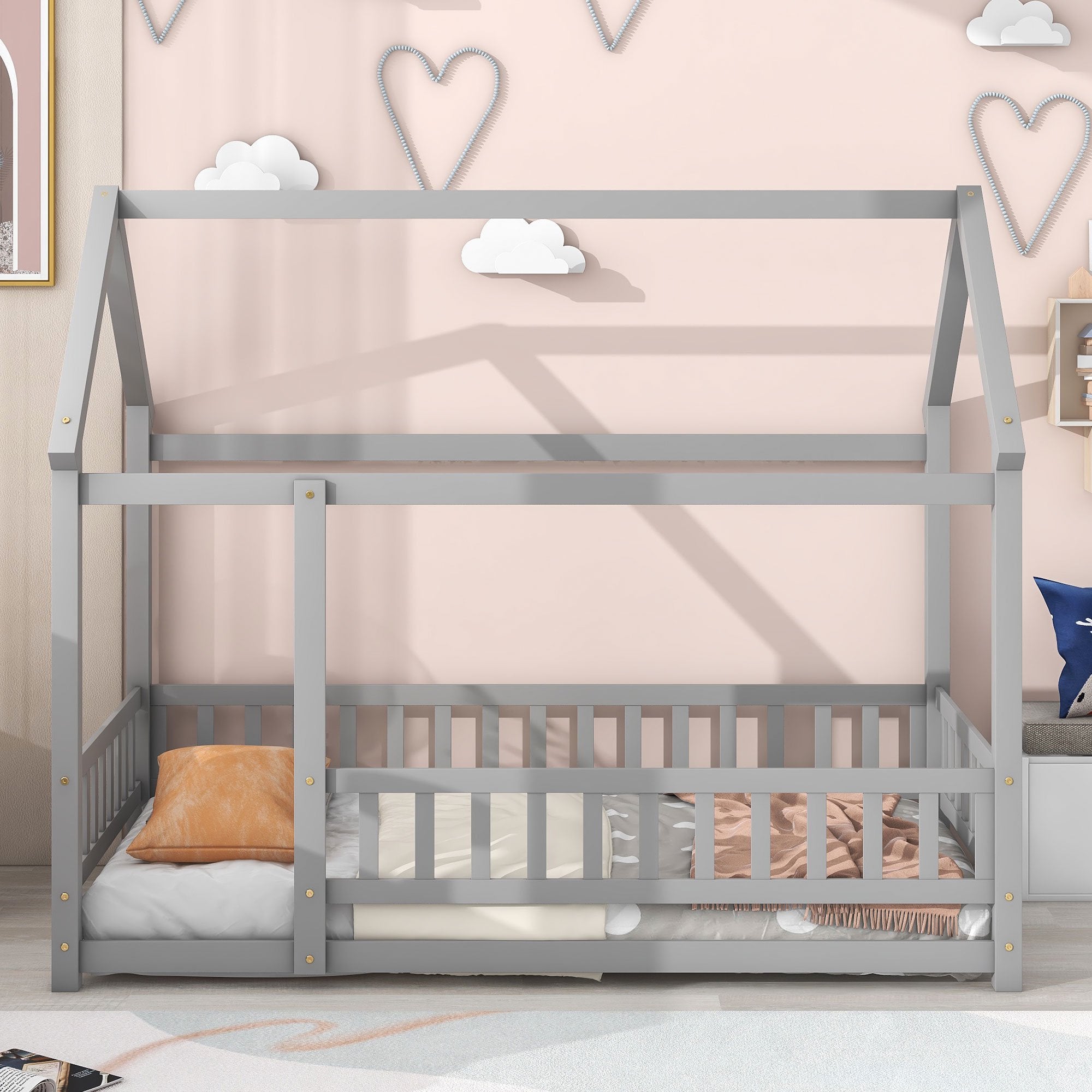 Twin Size Floor Bed with Fence Guardrails for Kids Toddlers and Teens, Solid Wood House Bed Frame with Roof for Boys and Girls Bedroom, Playhouse Design, No Slats Included, No Box Spring Needed, Gray