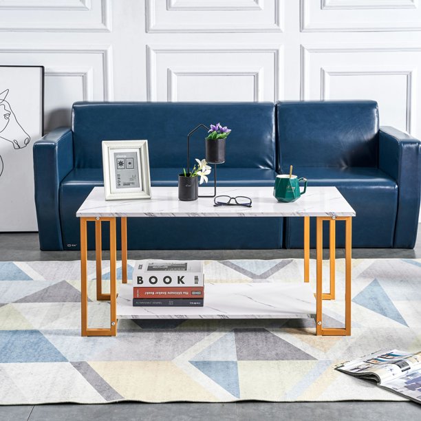 Industrial Coffee Table with White Top and Gold Leg, 2 Layers 1.5cm Thick Marble MDF RectangleTabletop Iron Coffee Table for Dining Room, Coffee Shop, Resterant, 39.37 x 20.07 x 18.11