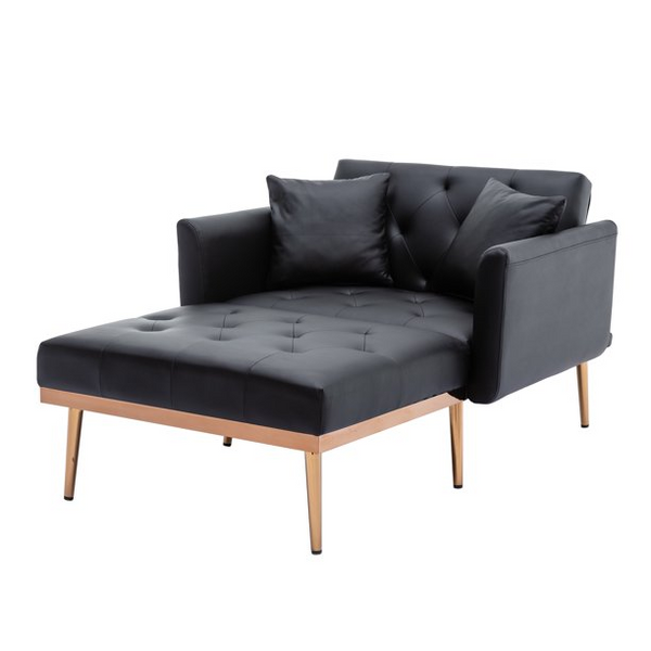 Modern Chaise Lounge Chair, PU Leather Sofa Chair with Two Pillows, Recliner Chair with Adjustable Angles, Convertible Sleeper Chair for Living Room Bedroom, Black
