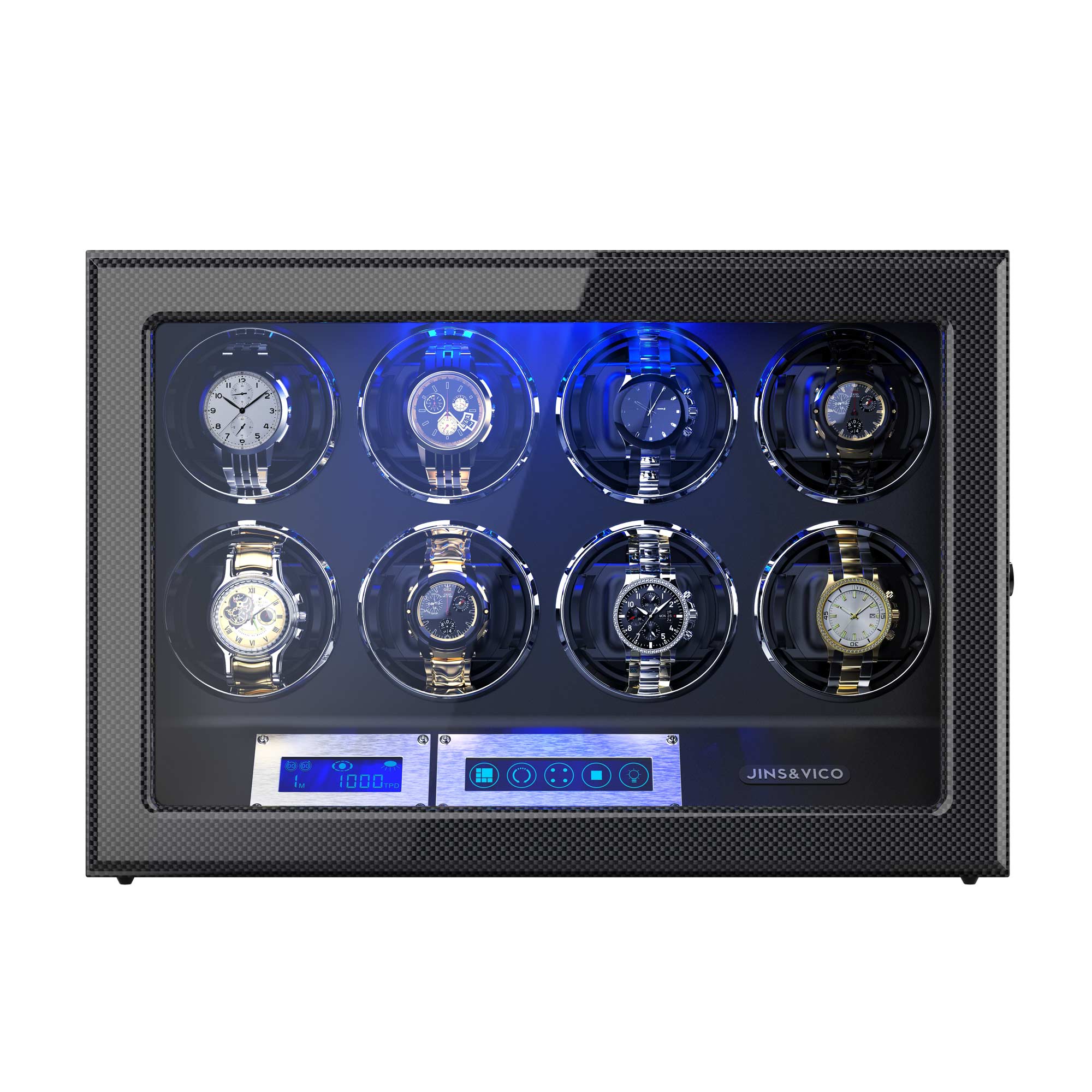 8 Automatic Watch Winders with LCD Touch Screen, Carbon Fiber