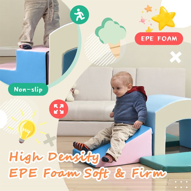 Soft Foam Playset, Safe Soft Zone Single-Tunnel Foam Climber for Kids, Lightweight Active Play Structure with Slide Stairs and Ramp for Beginner Toddlers Climb and Crawl, Indoor & Outdoor Toys