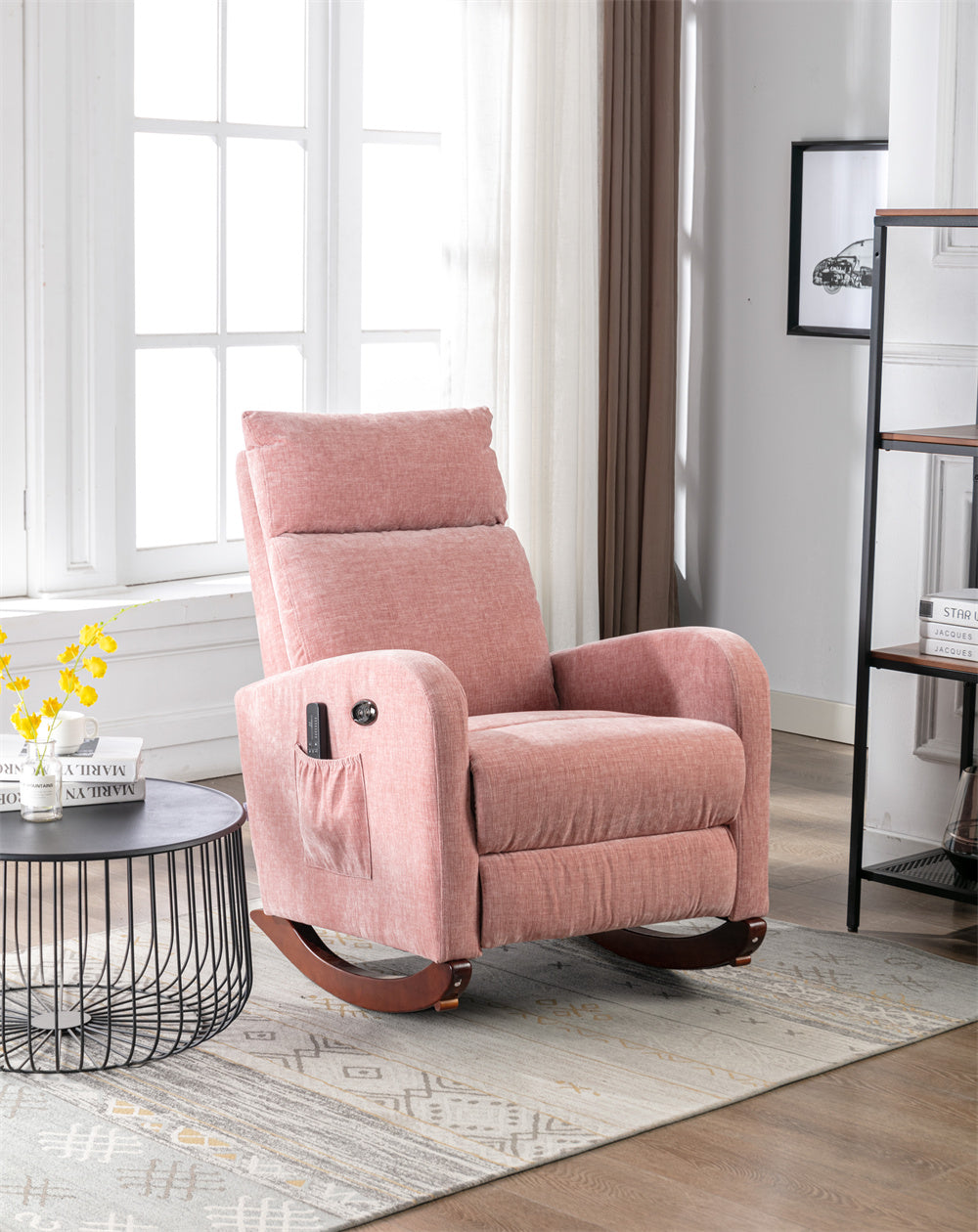 Electric Massage Rocking Chair, Modern Upholstered Nursery Glider Rocker with Vibrating Massage and Extending Footrest, Comfy High Back Armchair Single Sofa Chair with Wooden Base & Side Pocket, Pink