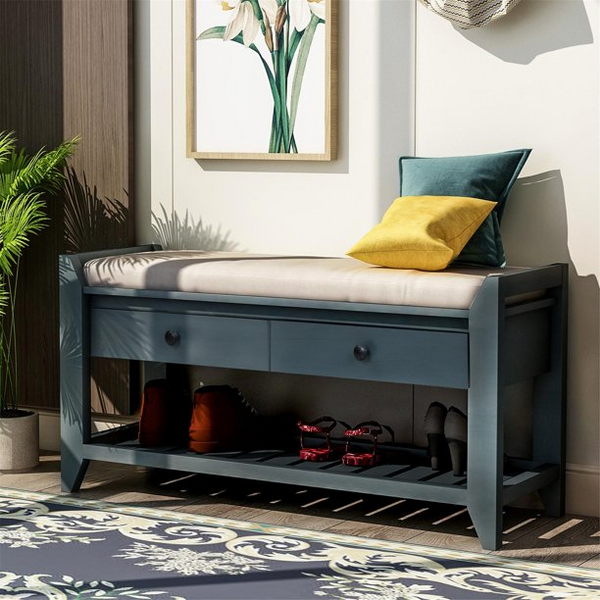 Shoe Rack Bench for Entryway, Wooden Free Standing Shoe Rack with 2 Drawers and Removable Cushioned Seat, Narrow Small Storage Bench with Bottom Shelf for Living Room Bedroom Hallway, Antique Navy