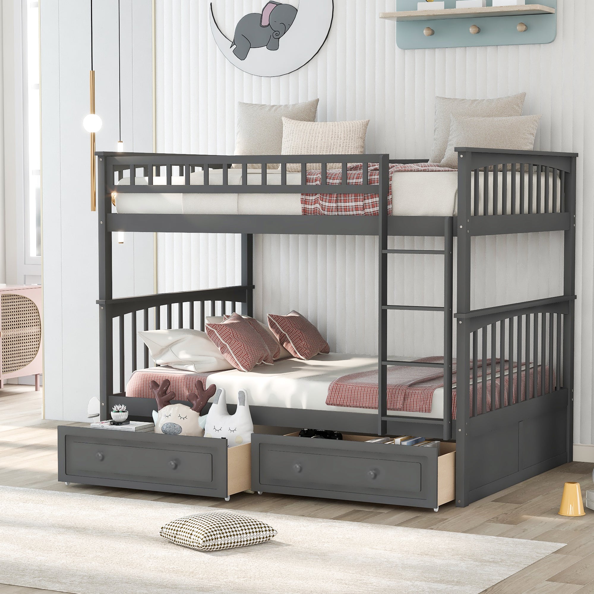 Full Over Full Bunk Bed with 2 Storage Drawers, Wooden Bunk Bed Frame with Full-length Guardrails and Ladders for Boys Girls Teens Adults, Can be Convertible into 2 Beds, No Box Spring Needed, Grey
