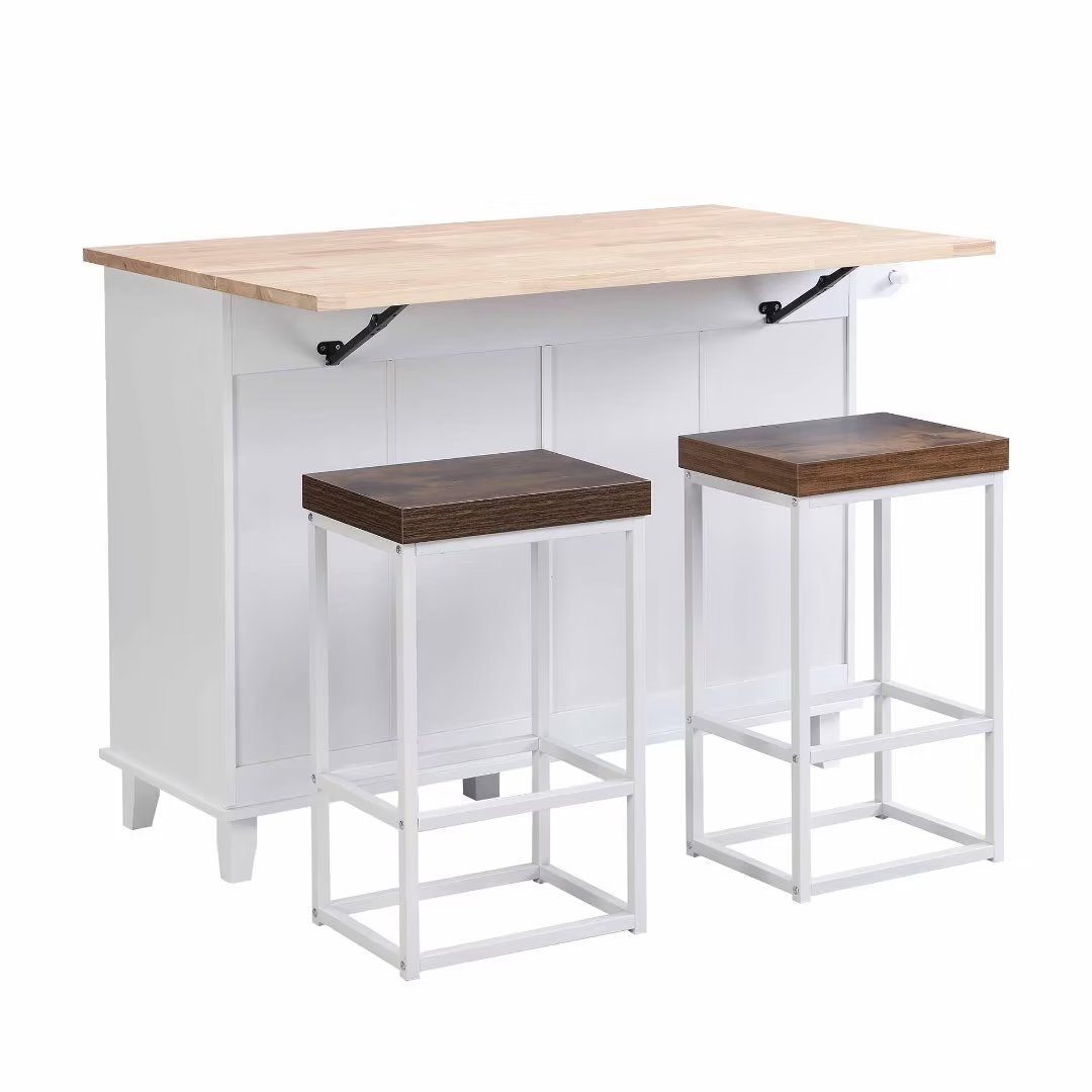 Farmhouse Kitchen Island Set with Drop Leaf and 2 Seatings, Wood Drop Leaf Breakfast Cart Table Set Kitchen Trolley Island Cart, Dining Table Set with Storage Cabinet, Drawers and Towel Rack, White