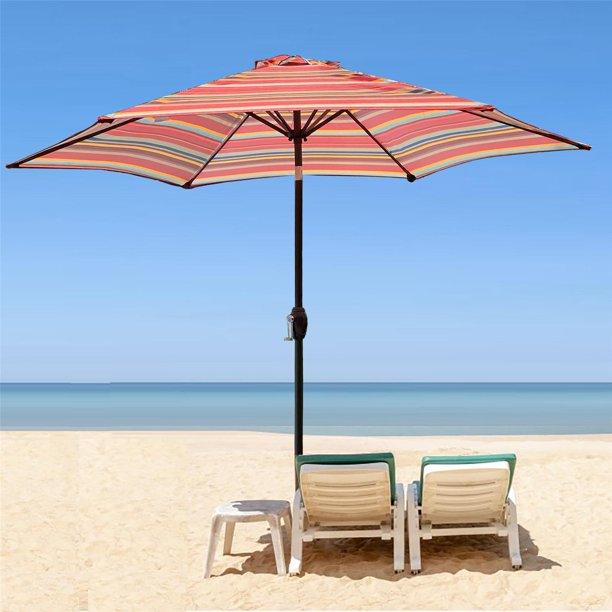 9FT Outdoor Patio Market Table Umbrella with Push Button Tilt /Crank/6 Ribs for Backyard Beach Pool Lawn and Garden, Red Stripes