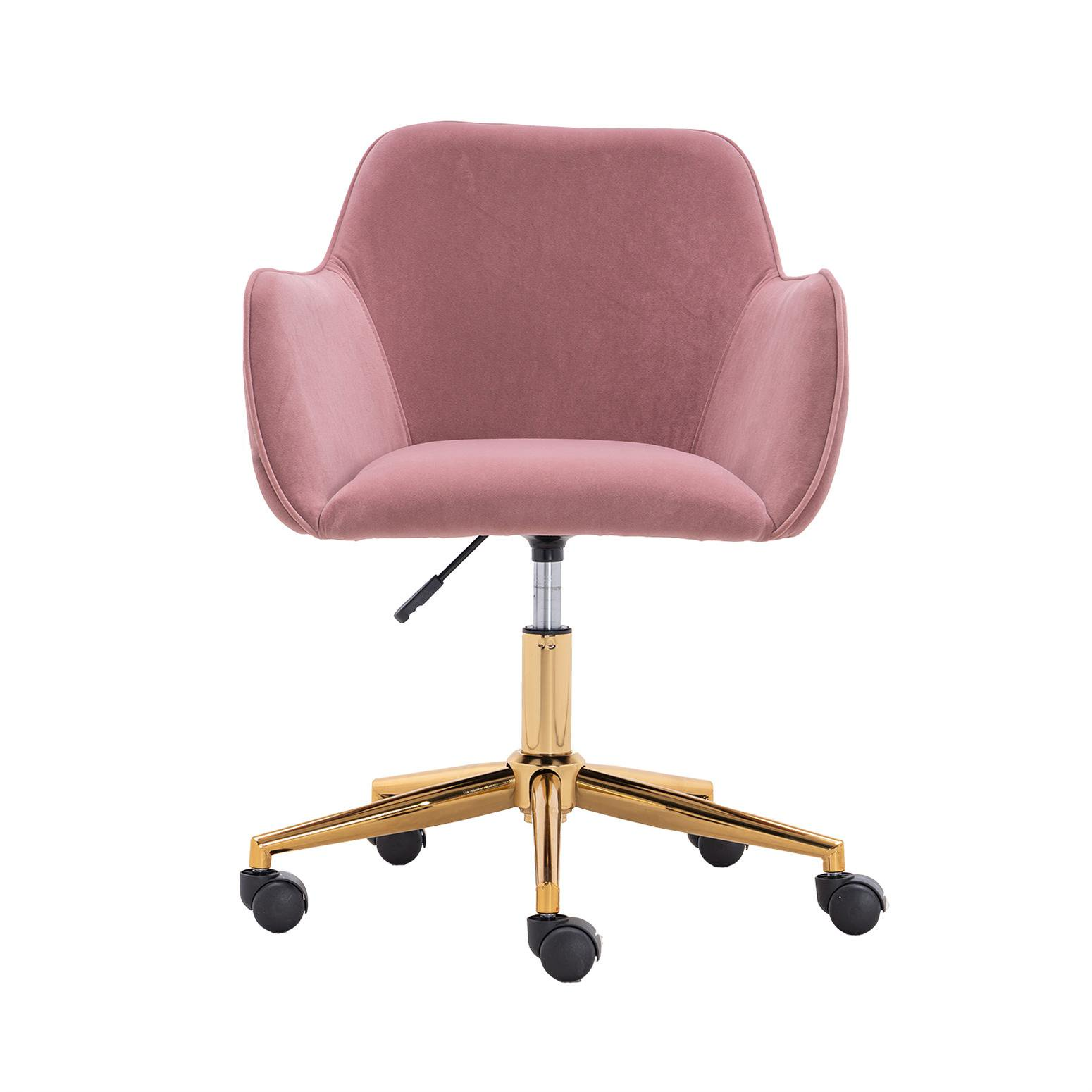 Modern Velvet Office Chair with Wheels and Gold Metal Legs Adjustable Height 360 revolving, Pink