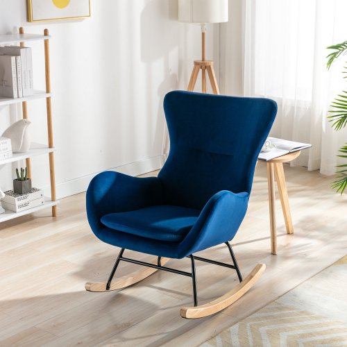 Nursery Rocking Chair Upholstered with High Backrest and Armrest Accent Chair Cozy Fabric Padded Seat Armchair Single Sofa Accent Glider Rocker for Living Room Bedroom Offices (Velvet-Navy)