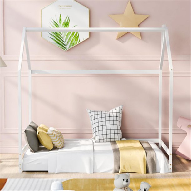 Twin House Bed Frame, Floor Bed for Kids and Toddler, Bedroom Furniture, White