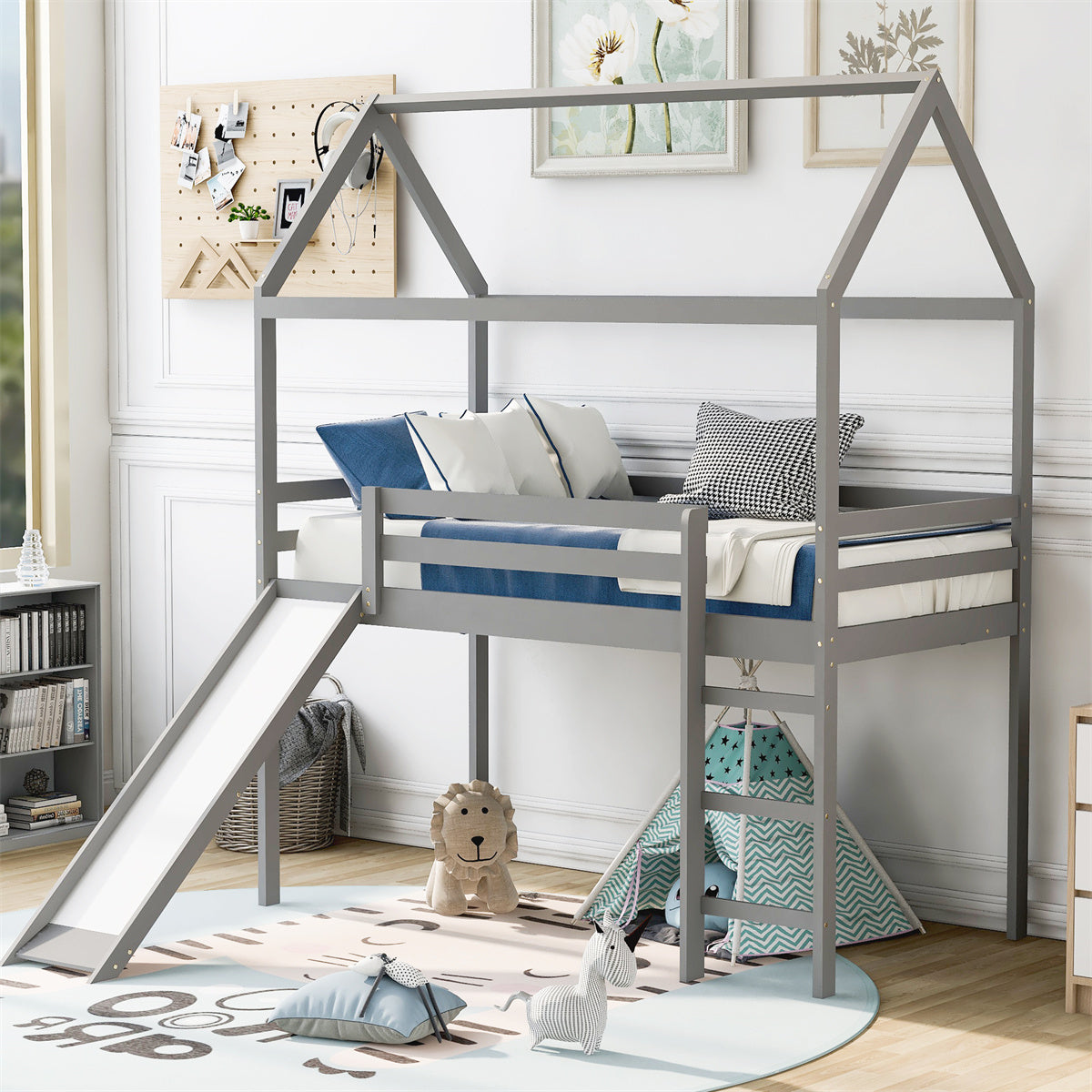 INCLAKE Low Loft Bed Twin Size House Loft Bed House Shaped Twin Loft Bed Solid Wood Loft Bed Frame with Roof, Slide, Ladder and Safety Guardrails for Kids Teens Adults, Can be Decorated, Gray